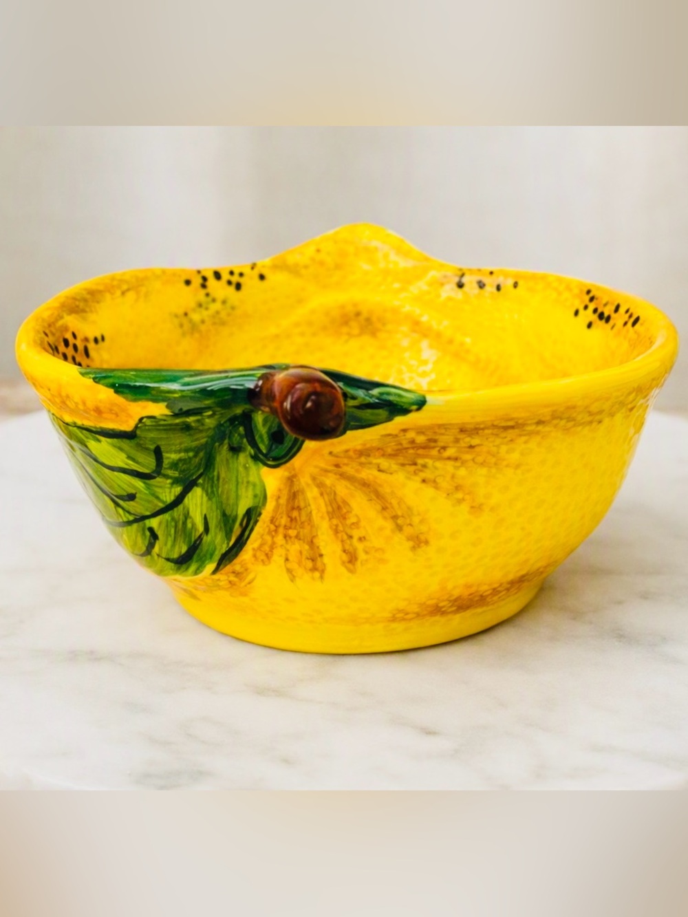 Pier 1 Bright Yellow Ceramic Bowl with Hand-Painted Green Leaf